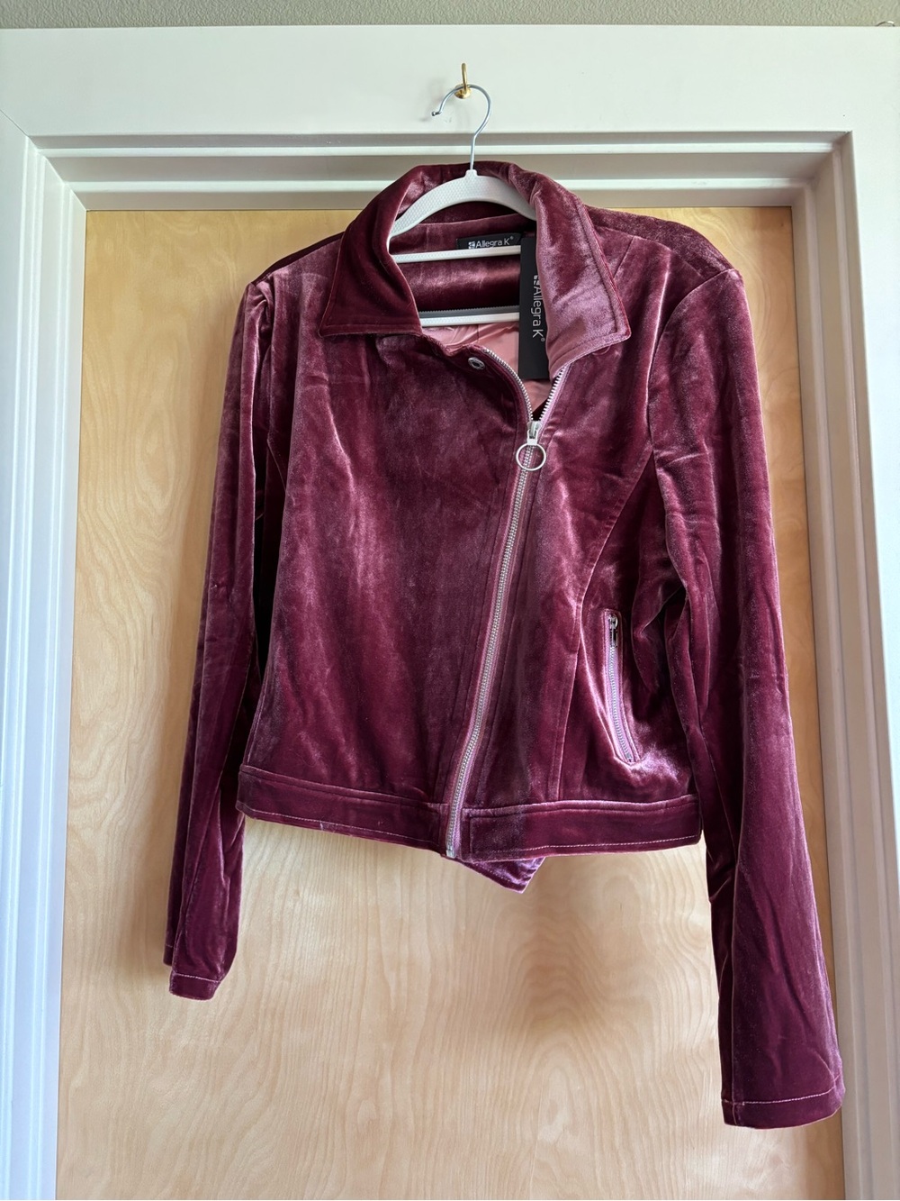 NWT Allegra K Burgundy Crushed Velvet Moto Biker Jacket Zip Up L